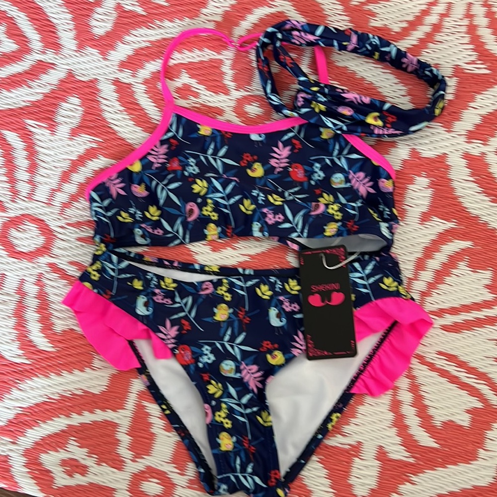 NWT Two Piece Swimsuit halter top bikini Ruffle 6 See size chart Floral birds